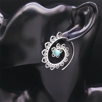 Vintage Ethnic Indian Carved Mandala Flower Dangle Earrings Stainless Steel Stone Boho Hollow Earring Jewelry pendientes flor