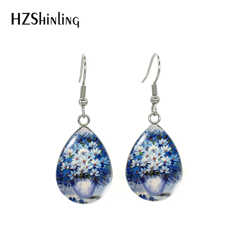 2021 Blue Floral Paintings Glass Cabochon Tear Drop Dangle Hook Earrings Handmade Crafts Jewelry