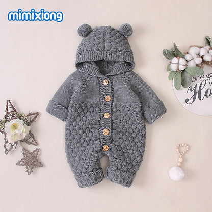 Baby Girls Bear Ear Knit Romper Boys Hooded Newborn Sweater Kids Jumpsuit  Babys Outfit Autumn Winter