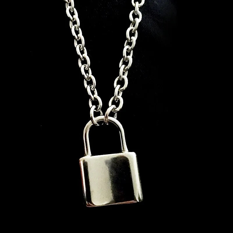 Stainless Steel Silver Color Pad Lock Pendant Long Necklace Brand New Rolo Cable Chain Necklace Women Collar  Jewelry  Choker