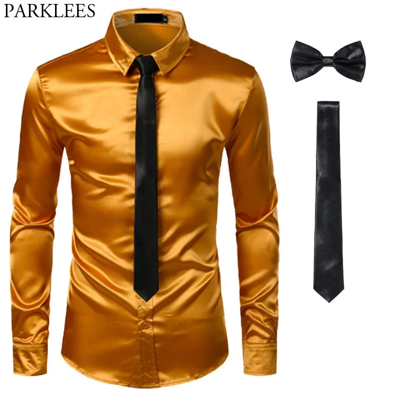 Black Mens Silk Dress Shirts 3Pcs(Shirt +Tie+Bowtie) Smooth Satin Shirt Men Slim Fit Party Prom Casual Shirts Men Social Camisa
