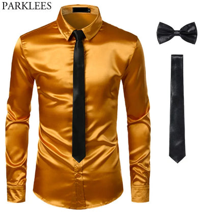 Black Mens Silk Dress Shirts 3Pcs(Shirt +Tie+Bowtie) Smooth Satin Shirt Men Slim Fit Party Prom Casual Shirts Men Social Camisa