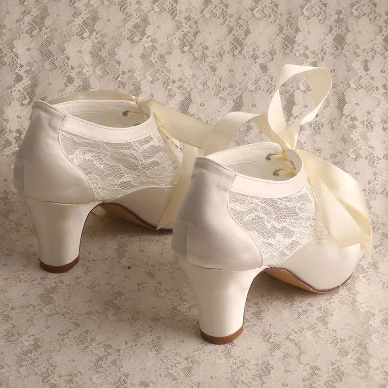 Customized Block Heels for Ladies Wedding Shoes Womens Ivory White Bridal Boot 7.5CM