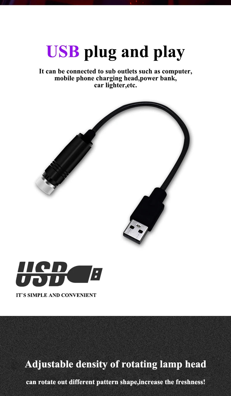 USB Decorative Lamp Adjustable Car Interior Decor Light Romantic LED Car Roof Star Night Light Projector Atmosphere Galaxy Lamp