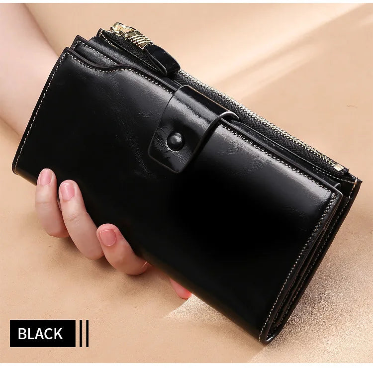 RFID Blocking 100% Genuine Leather Women Wallet Long Lady Purse Brand Design Luxury Bag Oil Wax Card Holder Female Coin Clips