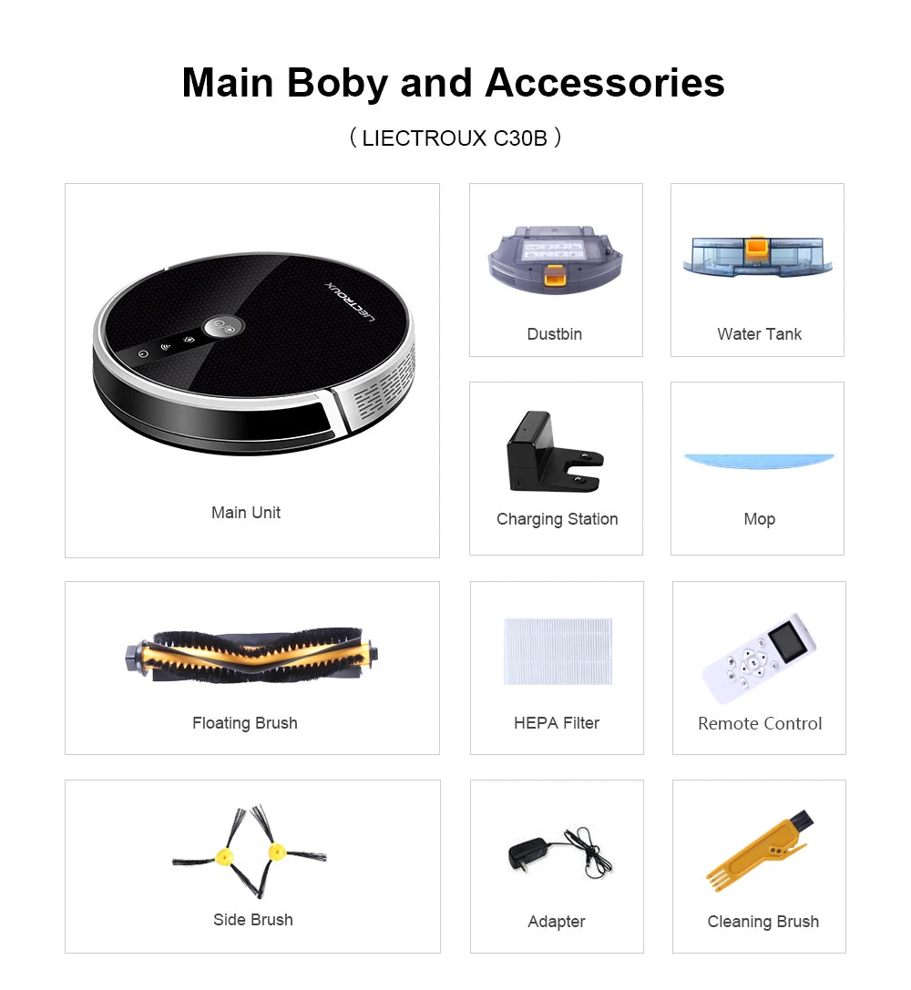 Robot Vacuum Cleaner LIECTROUX/LILIN C30B ,Map Navigation with Memory,Wifi APP Control,6000pa Suction,Smart Electric Water Tank