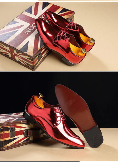 Patent Leather Men Wedding Shoes Gold Blue Red White Oxfords Shoes Designer Pointed Toe Dress Shoes Big Size 37-48