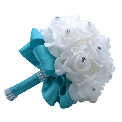 rosa flor Beautiful White Ivory Bridal Bridesmaid Flower Wedding Bouquet Artificial Flower Rose Bouquet Crystal Bridal Bouquets