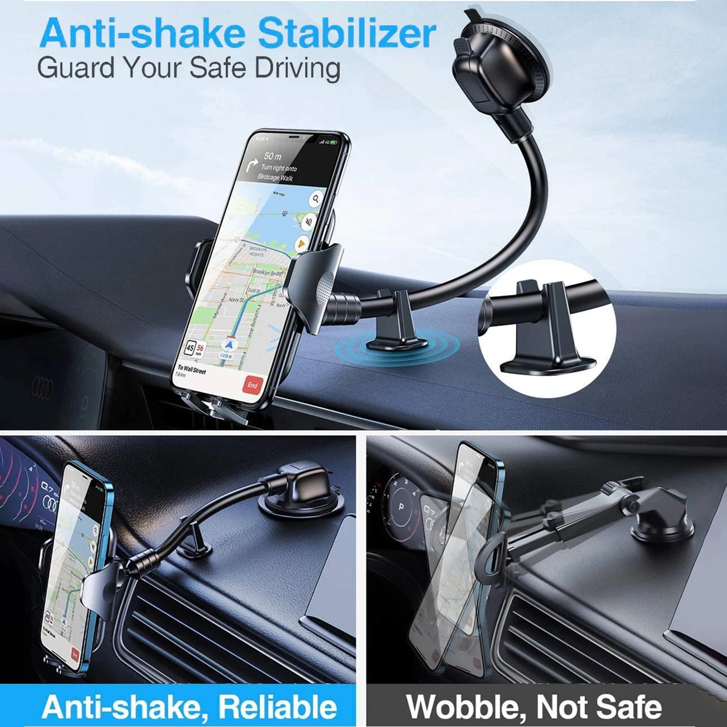 Dashboard Car Phone Holder【360° Widest View】9in Flexible Long Arm, Universal Handsfree Auto Windshield Air Vent Phone Mount 2025
