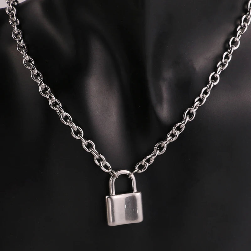 Stainless Steel Silver Color Pad Lock Pendant Long Necklace Brand New Rolo Cable Chain Necklace Women Collar  Jewelry  Choker