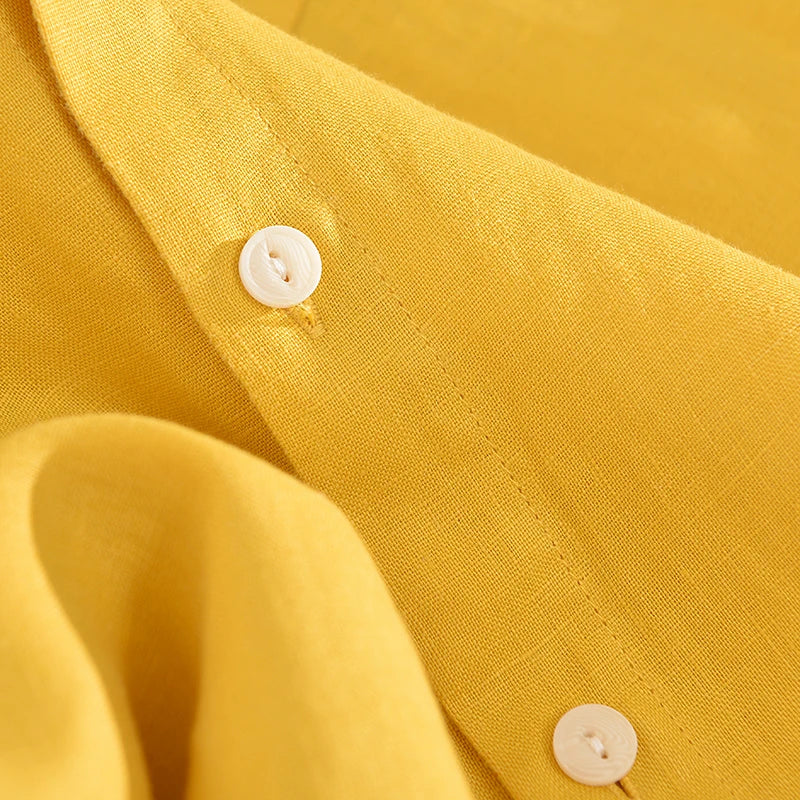 100% Linen new brand Italy casual solid shirt men fashion comfortable yellow shirts men chemise camisa tops mens clothes
