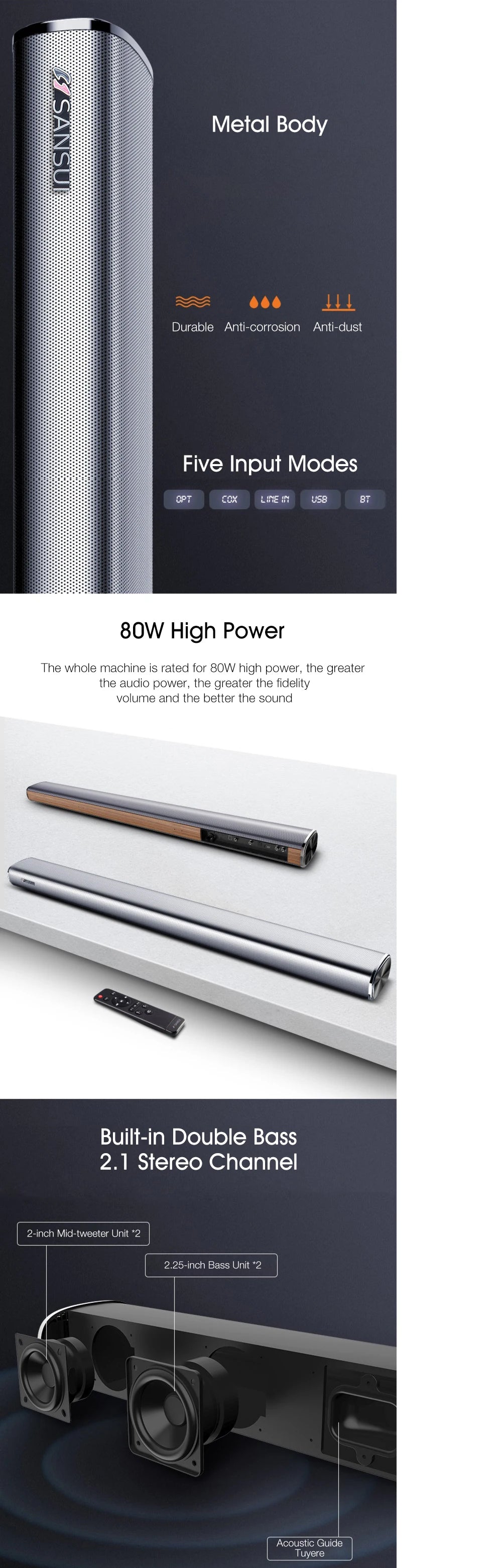 Soundbar Home Theater TV Audio 5.1 Bluetooth Dsektop Speakers 80W High Power Living Room Wall Mounted Remote Control Fully