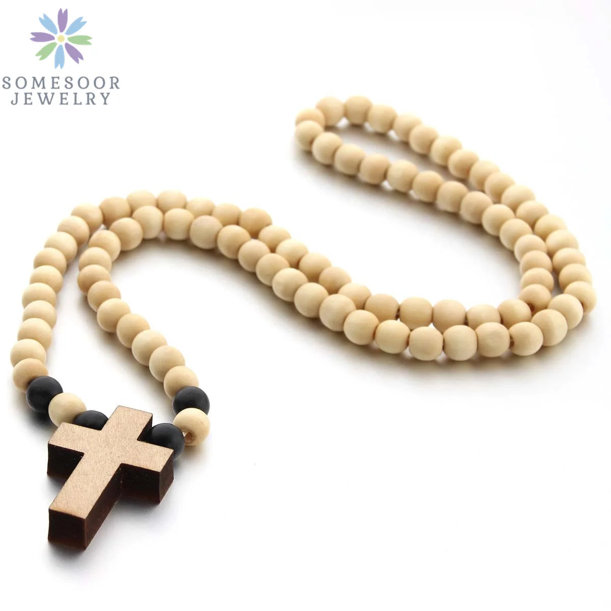SOMESOOR Natural Wooden Cross Pendant Necklace Bracelet Round Beads Rosary Religious Accessories Jewelry For Men Women Gifts