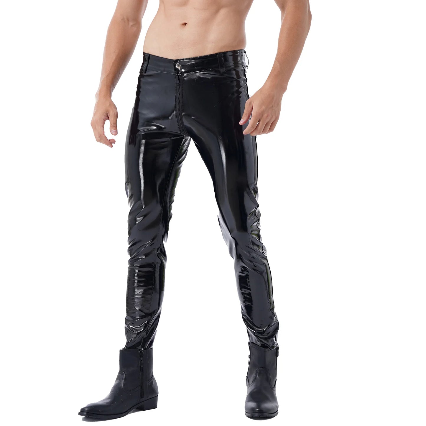 Moto Pants Leather Zipper Crotchless Pants Mens Clothing Fashion Wet Look Nightclub Performance Costumes Wet Look Trousers