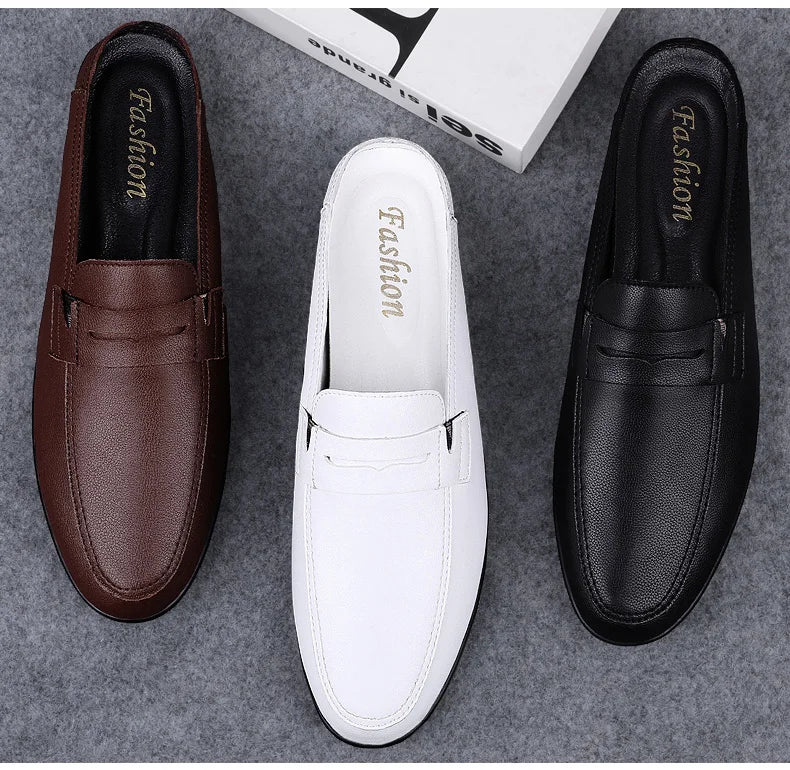 Quality Men Slippers Leather Men Mules Half Shoe Loafers Moccasins Outdoor Non-slip Black Beach Sandals Slides Zapato Hombre