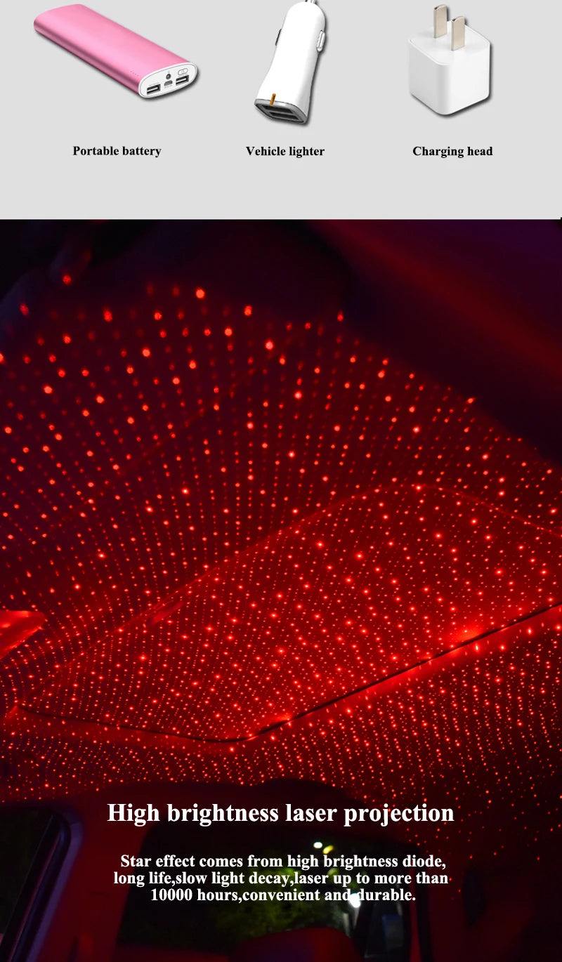 USB Decorative Lamp Adjustable Car Interior Decor Light Romantic LED Car Roof Star Night Light Projector Atmosphere Galaxy Lamp