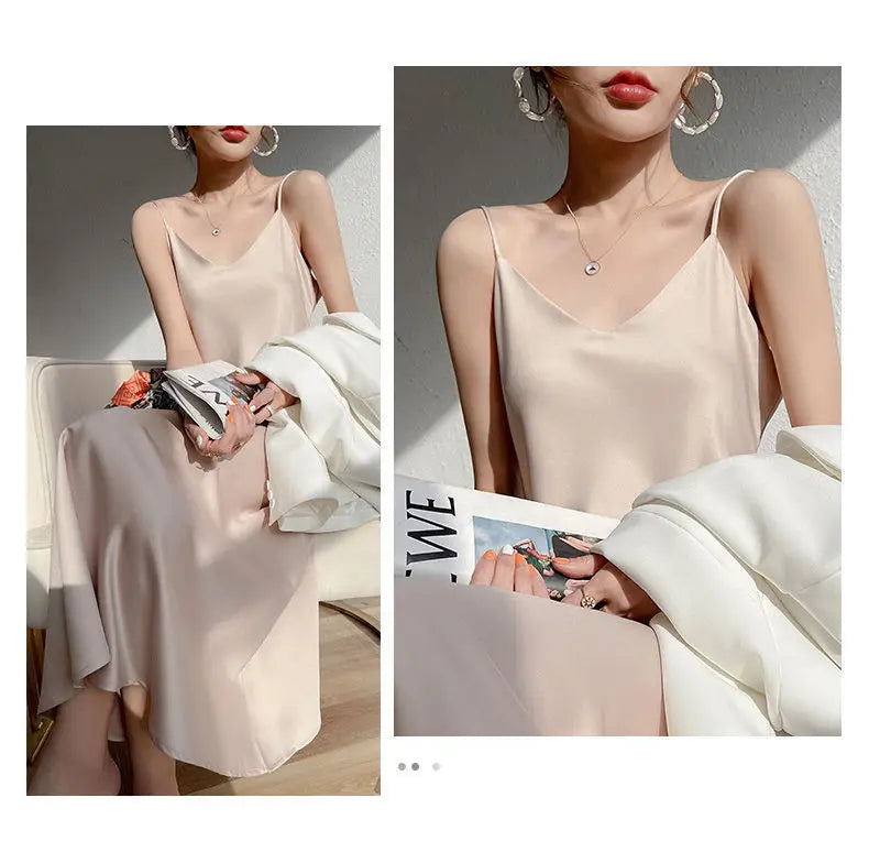 Vintage Satin Women's Dress Summer Sexy Spaghetti Strap Long Party Maxi Dresses Midi Robe Female Clothing