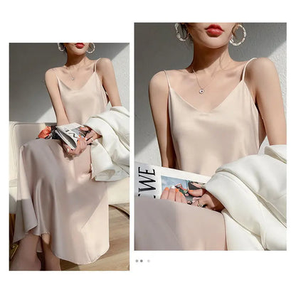 Vintage Satin Women's Dress Summer Sexy Spaghetti Strap Long Party Maxi Dresses Midi Robe Female Clothing