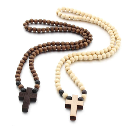 SOMESOOR Natural Wooden Cross Pendant Necklace Bracelet Round Beads Rosary Religious Accessories Jewelry For Men Women Gifts