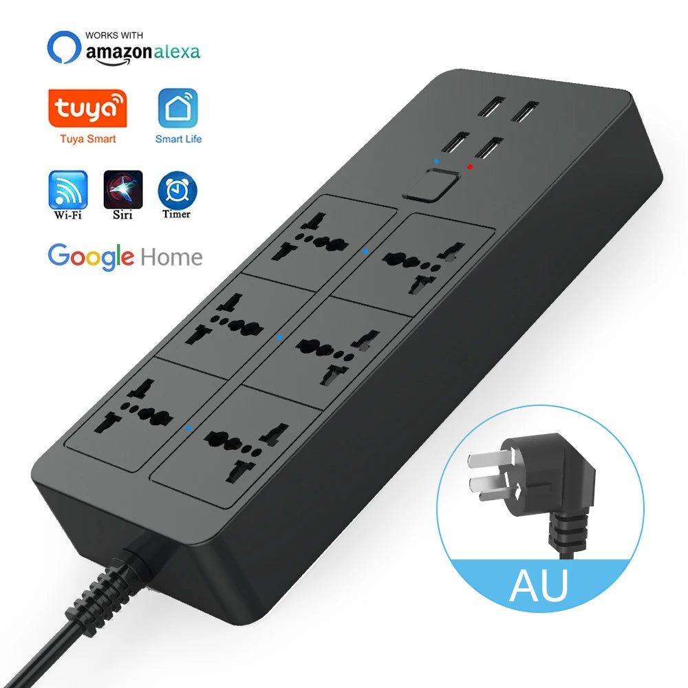 Smart Power Strip WIFI  Universal with 5V3.1A Alexa Googlehome Bluetooth Control Multi Plug 6AC 4USB Voice Contro UK/EU/US/AU
