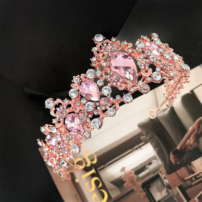 KMVEXO Tiaras Wedding Crown Bridal Hair Accessories Luxury Baroque Crystal Pink Queen Crown Women Adult Gift Party Hair Jewelry
