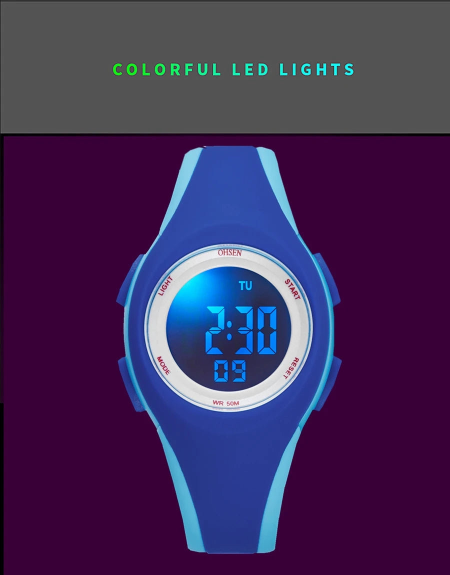 OHSEN Kids Digital Sport Watches 50M Waterproof Electronic Wristwatch Stop Watch LED Clock Children Watch For Boys Girls