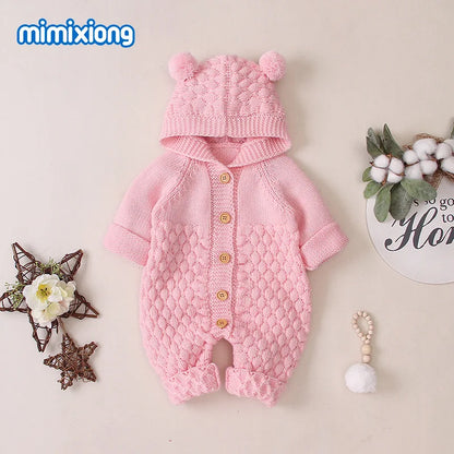 Baby Girls Bear Ear Knit Romper Boys Hooded Newborn Sweater Kids Jumpsuit  Babys Outfit Autumn Winter