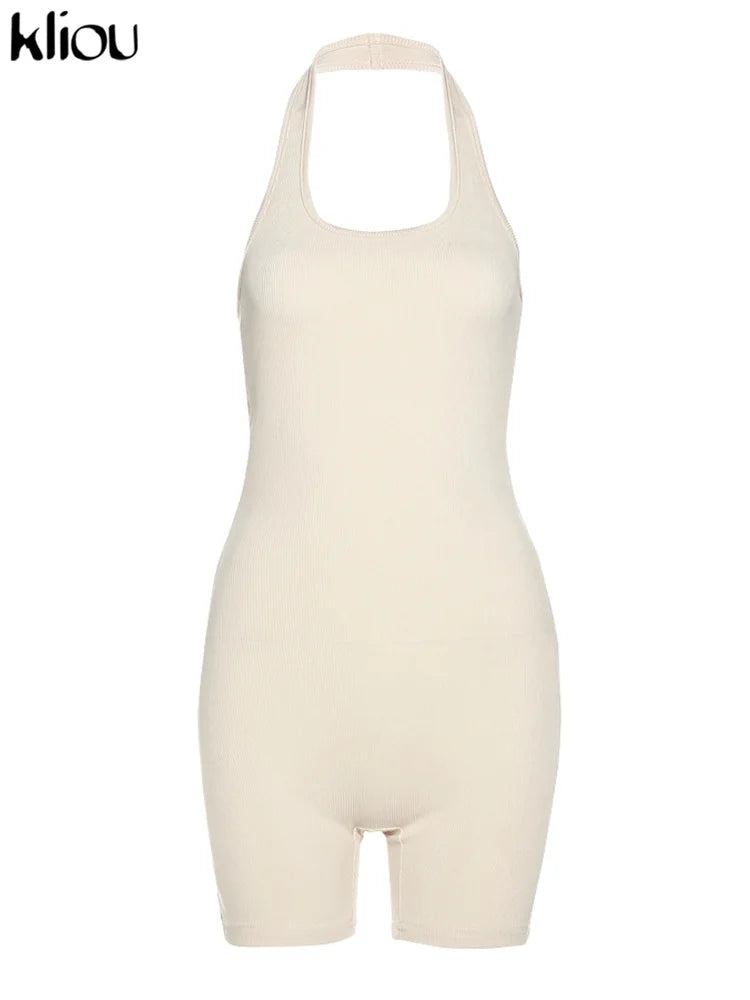 Kliou Striped Sporty Workout Halter Rompers Women Casual Active Wear Backless Sleeveless Playsuit Athleisure Biker Playsuits