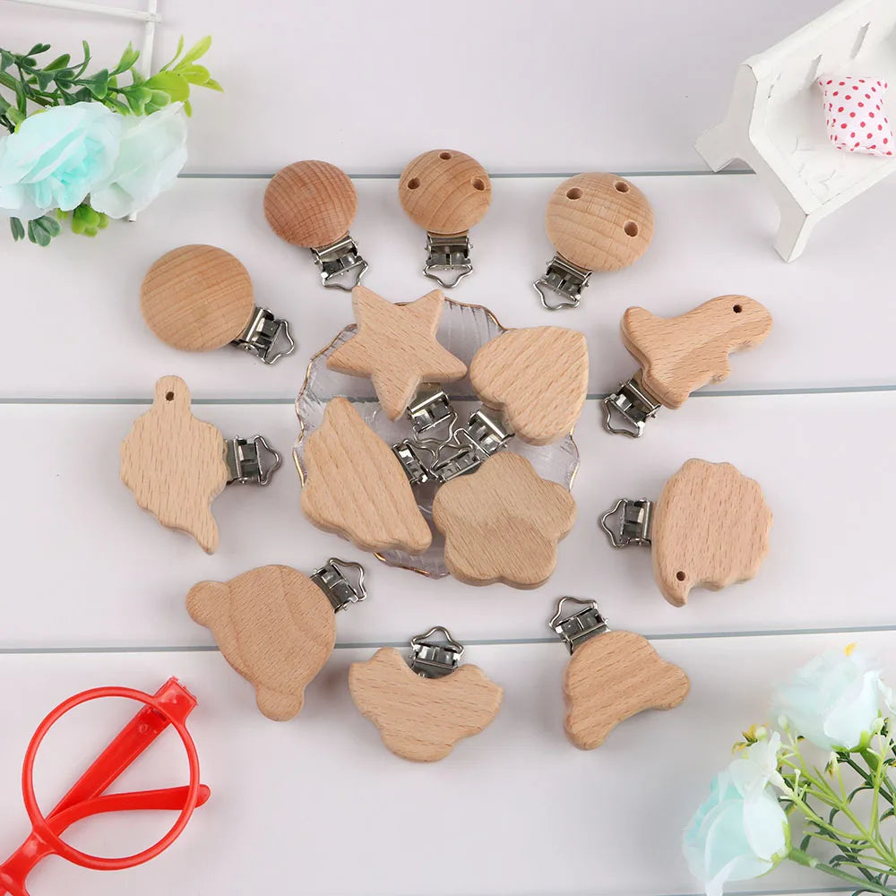 Kovict 5Pcs 19 Styles Beech Wooden Clips Metal Bracket DIY Pacifier Chain Handmade Crafts Accessories