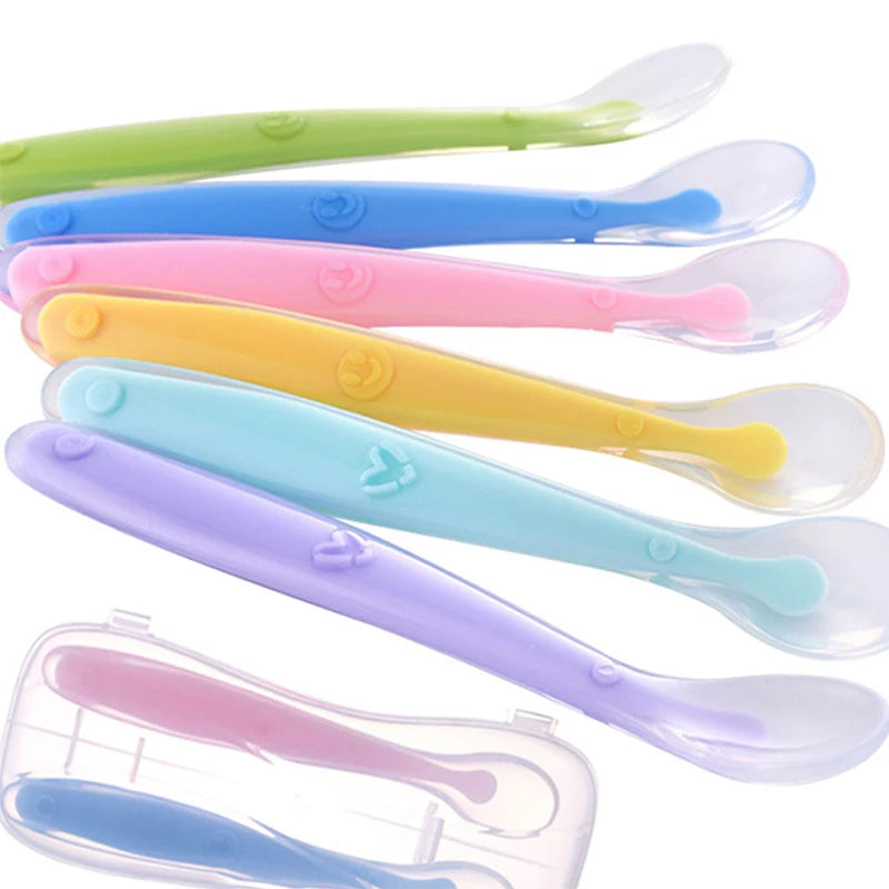 Baby Soft Silicone Feeding Spoon Dishes Tableware Candy Color Temperature Sensing Spoon Utensils Children Food Baby Feeding Tool