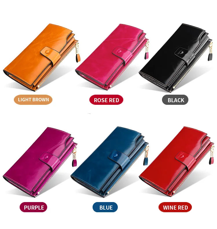 RFID Blocking 100% Genuine Leather Women Wallet Long Lady Purse Brand Design Luxury Bag Oil Wax Card Holder Female Coin Clips