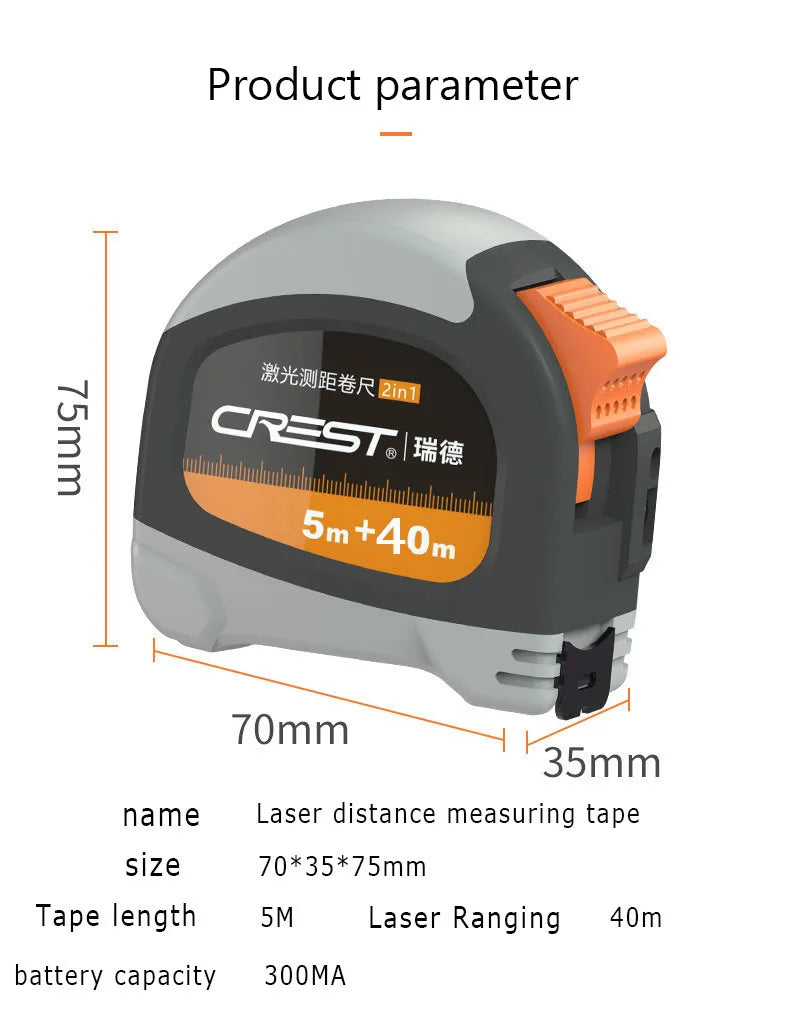 40M Laser Measuring Tape with Battery Retractable Digital Electronic Tape Measure Multi Angle Measuring Tool
