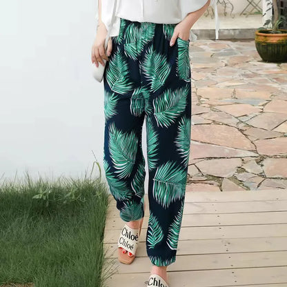 Women's Casual Print Palazzo Pants, Loose Sleep Pyjama Pants, Wide Leg, Thin Shorts, Cropped Pants, Summer Outdoor, ouc1143