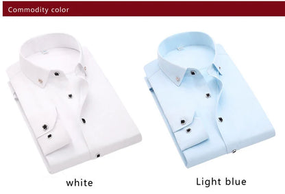 High Quality Men's Long Sleeve Shirt Dress Casual Solid Color Routine Fit Design Business Male Social Shirts White Blue Black