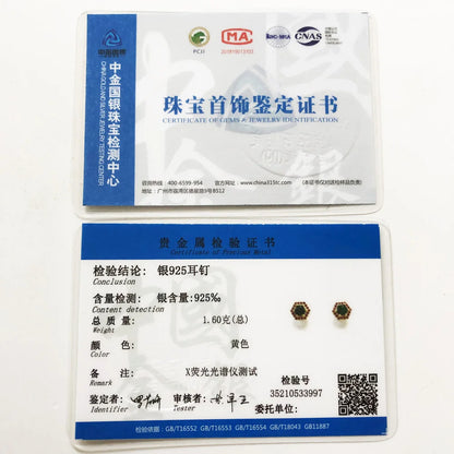 Studs Earrings Hexagon Green,Europe Yellow Gold Color Hand-set Jewelry For Women Playful Look Gift 925 Sterling Silver