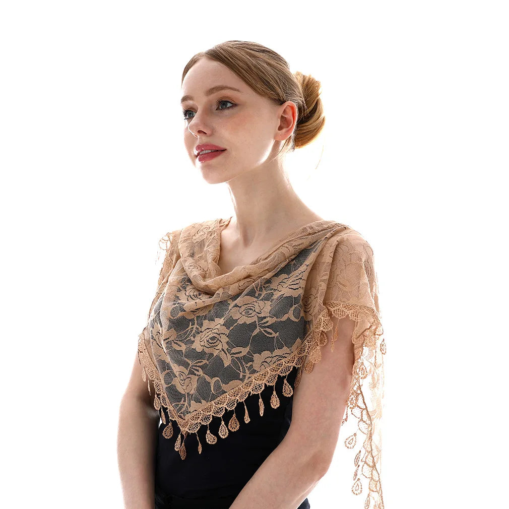 Embroidered Triangle Scarf for Church Shawl Catholic Church Prayer Shawl Sheer Floral Spanish Mantilla Lace Veil Wedding Cape