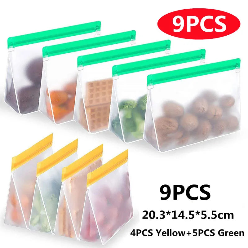 Reusable Food Storage Bag Upgrade Leakproof Top Stand Up Freezer Sandwich Ziplock Bag Silicone PEVA Food Preservation Shut Bag