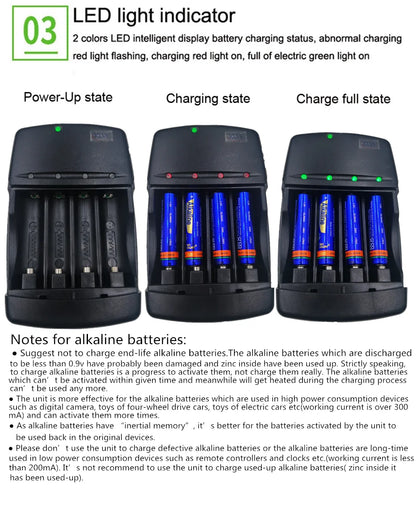 4 way Ecological Charger  with USB input port for  LR03 LR6 disposable Batteries and AA AAA Rechargeable alkaline Batteries