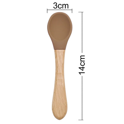 Feeding Wooden Handle Silicone Spoon For Baby Utensils Eat Soild Food Kids Training Manipulative Ability Children's Tableware