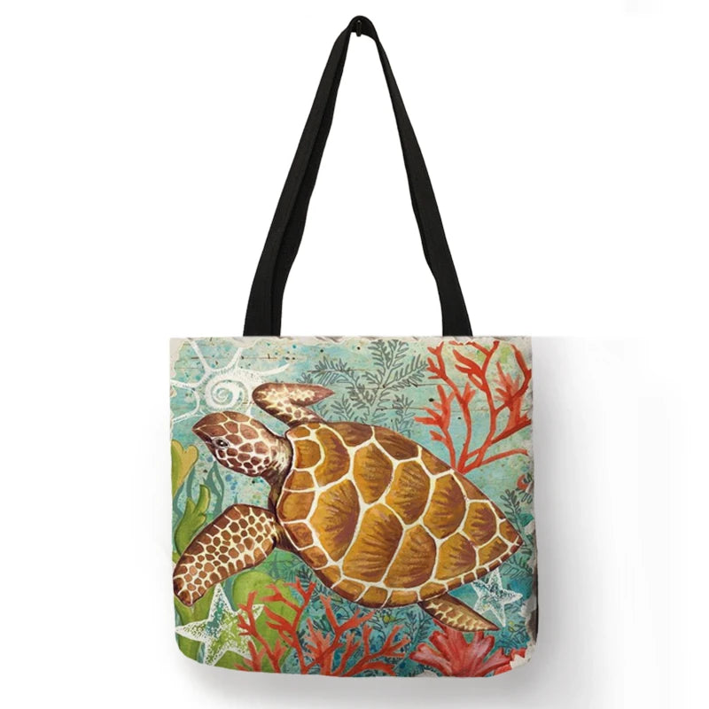 Casual Leisure Totes Bag Women Handbag Marine Animal Sea Turtle Horse Octopus Print Travel Shopping Shoulder Bags for Groceries