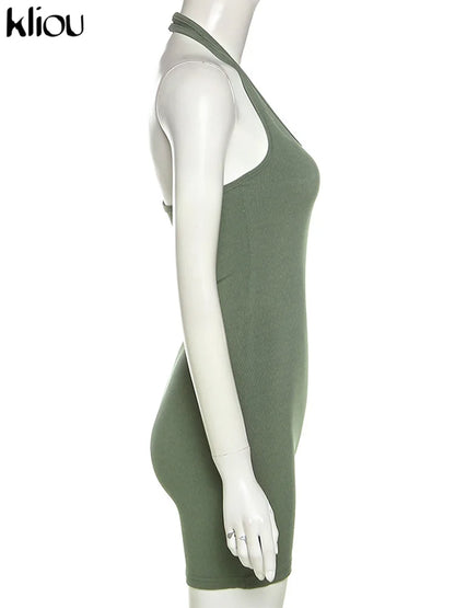 Kliou Striped Sporty Workout Halter Rompers Women Casual Active Wear Backless Sleeveless Playsuit Athleisure Biker Playsuits