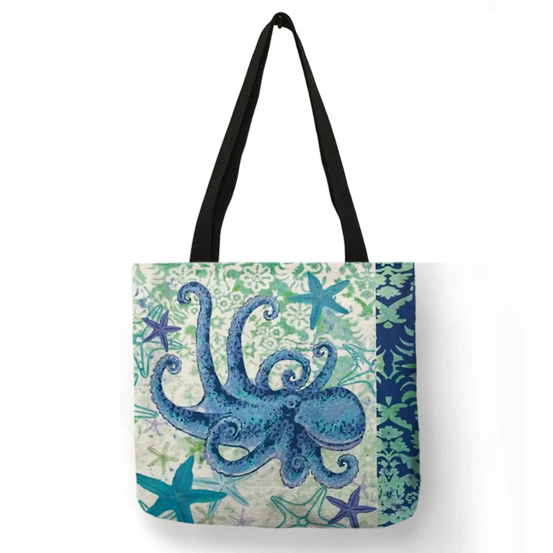 Casual Leisure Totes Bag Women Handbag Marine Animal Sea Turtle Horse Octopus Print Travel Shopping Shoulder Bags for Groceries