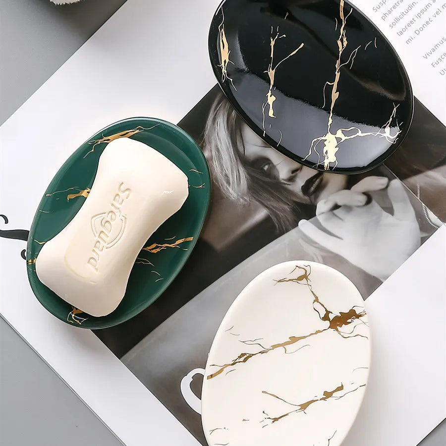 Soap Dish, Marble Look Bar Soap Holder Soap Sponge Tray Soap Case Box Saver for Bathroom Shower Kitchen Sink-  Marble Look