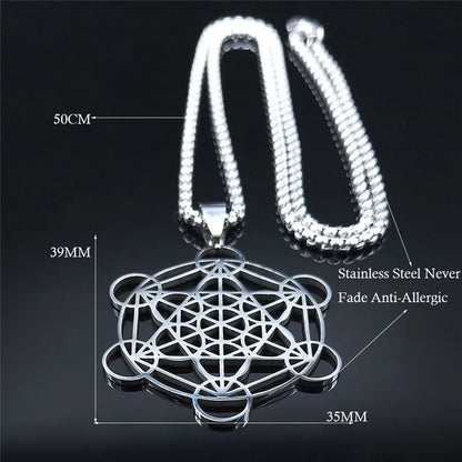 Flower of Life Chakra Spiritual Necklace for Women Stainless Steel Sacred Geometry Metatron Cube Salomon Men collar Jewelry