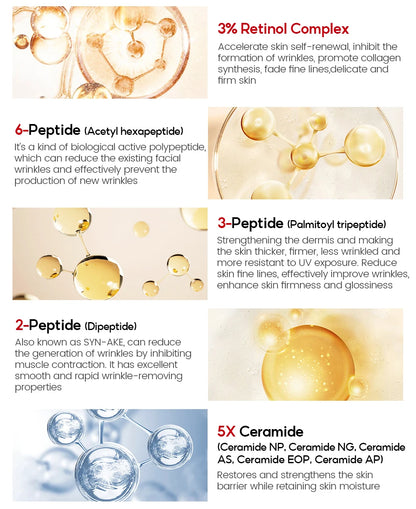 VIBRANT GLAMOUR  PRO+ Retinol Face Serum Upgrade 3% Retinol+3X Peptide+5X Ceramide Repair Skin Firming Collagen Anti-Aging