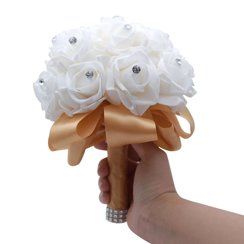 rosa flor Beautiful White Ivory Bridal Bridesmaid Flower Wedding Bouquet Artificial Flower Rose Bouquet Crystal Bridal Bouquets