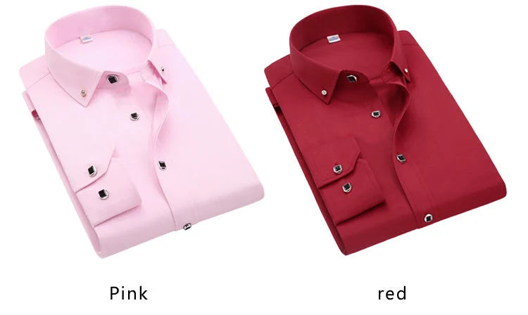 High Quality Men's Long Sleeve Shirt Dress Casual Solid Color Routine Fit Design Business Male Social Shirts White Blue Black