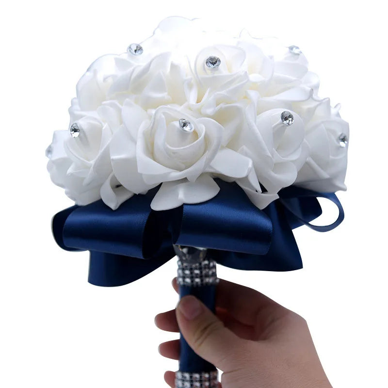 rosa flor Beautiful White Ivory Bridal Bridesmaid Flower Wedding Bouquet Artificial Flower Rose Bouquet Crystal Bridal Bouquets