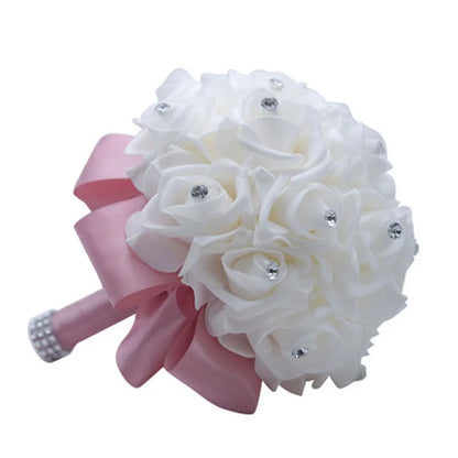 rosa flor Beautiful White Ivory Bridal Bridesmaid Flower Wedding Bouquet Artificial Flower Rose Bouquet Crystal Bridal Bouquets
