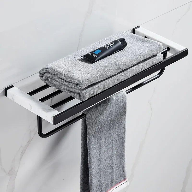 Bathroom Accessories Set Black Bathroom Shelf,Towel Rack,Towel Hanger Paper holder,Toilet Brush Holder Marble & Brass